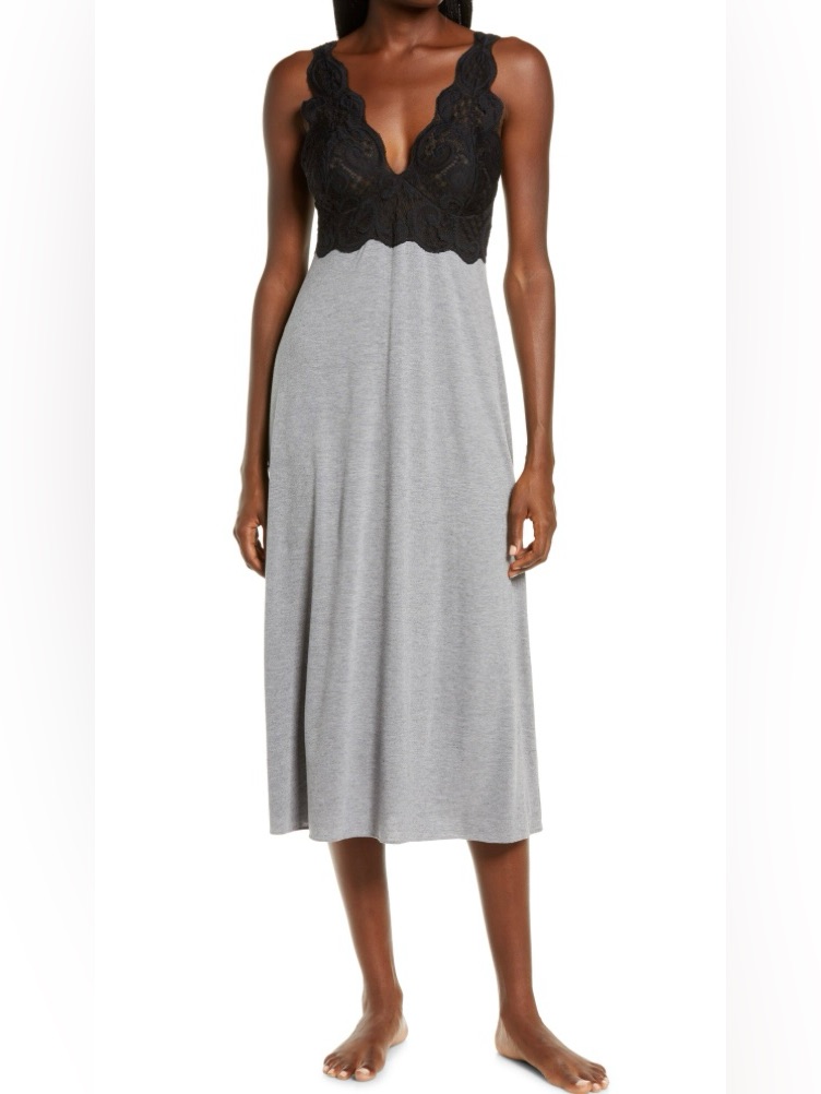 Natori Nightgown Size Xs Obsession Gown Chemise Lace Trim Black Grey